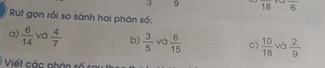 3 9
overline 18 overline 6
Rút gọn rồi so sánh hai phân số: 
a)  6/14  và  4/7   3/5  và  6/15   10/18  và  2/9 
b) 
c) 
Viết các phân số số