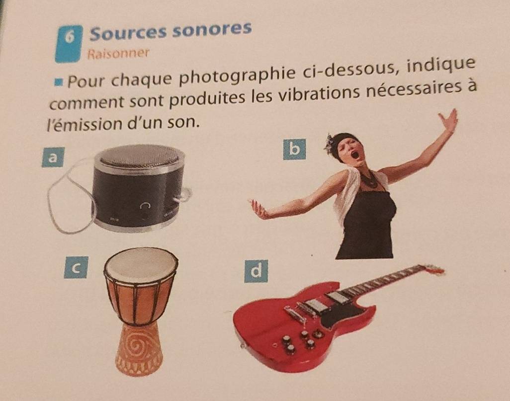 Sources sonores 
Raisonner 
Pour chaque photographie ci-dessous, indique 
comment sont produites les vibrations nécessaires à 
l'émission d'un son. 
b 
a 
C 
d