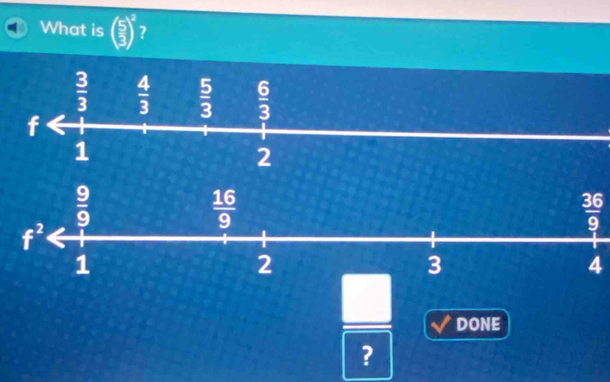 What is ( 5/3 )^2 ?
 36/9 
4
DONE
?