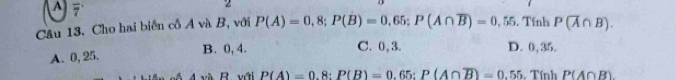 Cầu 13. Cho hai biến cố A và B, với P(A)=0,8; P(B)=0,65; P(A∩ overline B)=0,55. Tính P(overline A∩ B).
A. 0, 25. B. 0, 4.
C. 0, 3. D. 0, 35.
4 và R với P(A)=0.8 : P(B)=0.65 : P(A∩ overline B)=0.55. Tính P(A∩ B)