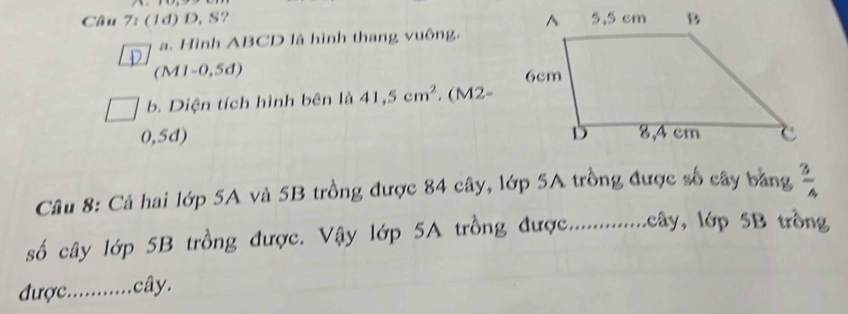 (1d) D, S? 
a. Hình ABCD là hình thang vuông.
(M1-0,5d)
b. Diện tích hình bên là 41,5cm^2. (M2-
0,5d) 
Câu 8: Cả hai lớp 5A và 5B trồng được 84 cây, lớp 5A trồng được số cây bằng  3/4 
số cây lớp 5B trồng được. Vậy lớp 5A trồng được..............cây, lớp 5B trồng 
được............cây.