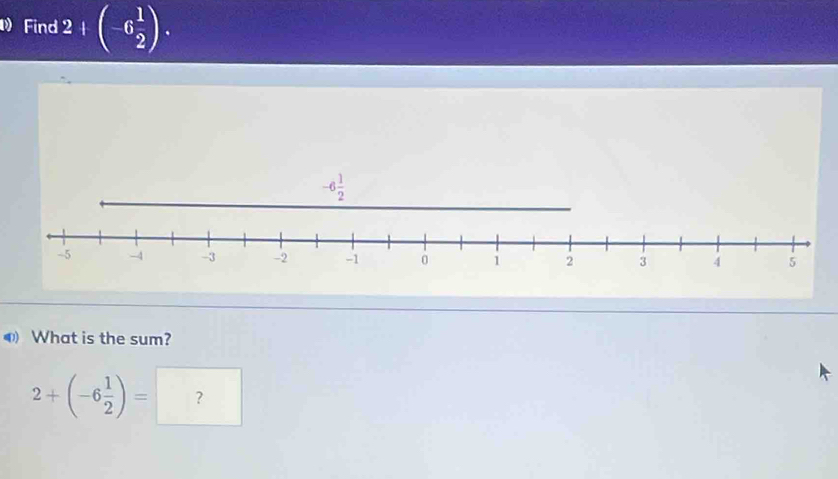 Find 2 I- (-6 1/2 ).
④ What is the sum?
2+(-6 1/2 )=