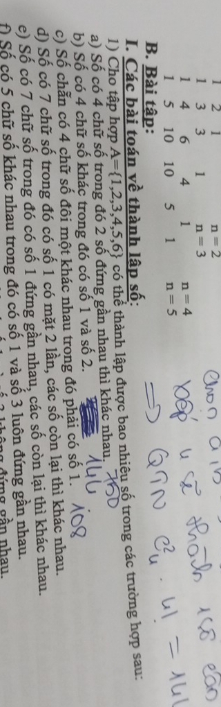 2 1
n=2
1 3 3 1 n=3
1 4 6 4 1 n=4
1 5 10 10 5 1 n=5
B. Bài tập: 
I. Các bài toán về thành lập số: 
1) Cho tập hợp A= 1,2,3,4,5,6 có thể thành lập được bao nhiêu số trong các trường hợp sau: 
a) Số có 4 chữ số trong đó 2 số đứng gần nhau thì khác nhau. 
b) Số có 4 chữ số khác trong đó có số 1 và số 2. 
c) Số chẵn có 4 chữ số đôi một khác nhau trong đó phải có số 1. 
d) Số có 7 chữ số trong đó có số 1 có mặt 2 lần, các số còn lại thì khác nhau. 
e) Số có 7 chữ số trong đó có số 1 đứng gần nhau, các số còn lại thì khác nhau. 
Ô Số có 5 chữ số khác nhau trong đó có số 1 và số 3 luôn đứng gần nhau. 
rg ần nhau