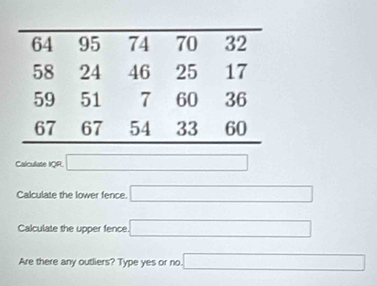 Calculate IQR □
Calculate the lower fence. □
Calculate the upper fence. □
Are there any outliers? Type yes or no. □