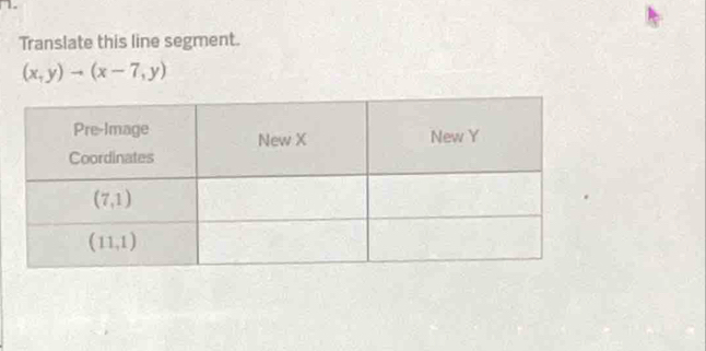 Translate this line segment.
(x,y)to (x-7,y)