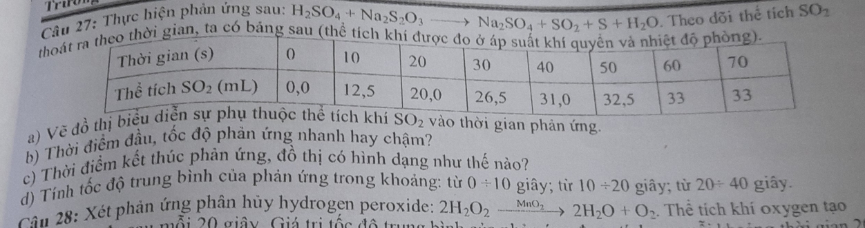 Trườn
âu 27: Thực hiện phản ứng sau:
H_2SO_4+Na_2S_2O_3to Na_2SO_4+SO_2+S+H_2O. Theo dõi thể tích SO_1
ian, ta có bảng 
a) Vẽ đồ thị vào thời gian phản ứng.
b) Thời điểm đầu, tốc độ phản ứng nhanh hay chậm?
c) Thời điểm kết thúc phản ứng, đồ thị có hình dạng như thế nào?
d) Tính tốc độ trung bình của phản ứng trong khoảng: từ 0/ 10 giây; từ 10/ 20 giây; từ 20/ 40 giây.
Câu 28: Xét phản ứng phân hủy hydrogen peroxide: 2H_2O_2xrightarrow MnO_22H_2O+O_2. Thể tích khí oxygen tạo
giây Giá tri tộ    đ ộ