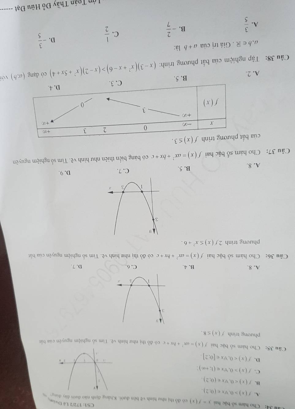 CS1: 172/2 Lê Duấm
M 34: Cho hàm số bậc hai y=f(x) có đồ thị như hình vẽ bên dưới. Khâng định nào dưới đày đùng
A. f(x)>0.forall x∈ (0:2).
B. f(x)<0.forall x∈ (0;2).
C. f(x)>0,forall x∈ (1;+∈fty ).
D. f(x)<0,forall x∈ [0;2].
Câu 35: Cho hàm số bậc hai f(x)=ax^2+bx+c có đồ thị như hình vẽ. Tìm số nghiệm nguyên của bất
phương trinh f(x)≤ 8.
A. 8. B. 4. C. 6 D. 7.
Câu 36: Cho hàm số bậc hai f(x)=ax^2+bx+c có đồ thị như hình vẽ. Tìm số nghiệm nguyên của bắt
phương trình 2f(x)≤ x^2+6.
D. 9.
A. 8.
B. 5. C. 7.
Câu 37: Cho hàm số bậc hai f(x)=ax^2+bx+c có bảng biến thiên như hình vẽ. Tìm số nghiệm nguyên
của bắ
A. 2. B. 5.
Câu 38: Tập nghiệm của bất phương trình: (x-3)(x^2+x-6)>(x-2)(x^2+5x+4) có dạng (a;b) với
a、 b∈ R. Giá trị của a+b là:
A.  3/5 
B. - 2/7 
C.  1/2 
D. - 3/5 
=ớn Toán Thầy Đỗ Hữu Đạt -----