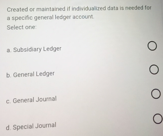 Created or maintained if individualized data is needed for
a specific general ledger account.
Select one:
a. Subsidiary Ledger
b. General Ledger
c. General Journal
d. Special Journal