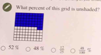 What percent of this grid is unshaded?
52 % 48 %  12/25   48/100 