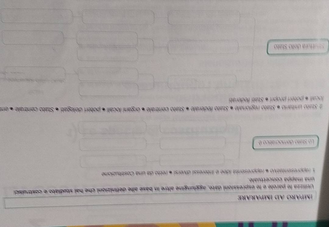 ImpaRO AD impaRARE 
Utilizza le parole é le espressioni date, aggiungine altre in basé alle definizioni che hai studiato e costruisci 
una mappa concettuale. 
1 rappresentátivo « rappresenta idée e interessi diversi « retto da una Costituzione 
Lo Stato democrático é 
2 Stato unitario « Stato regionale « Stato federale « Stato centrale «organi locali « poteri delegati «Stato centrale 6 ent 
localr é jpoker jørojoh Statí federatí 
stuttura dello Stato