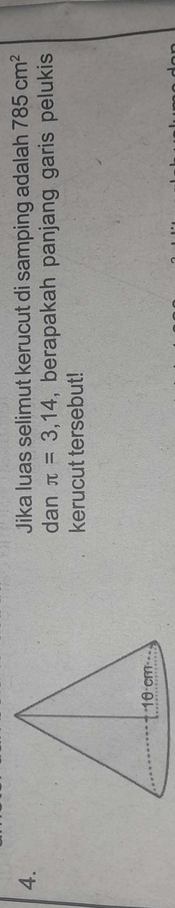 Jika luas selimut kerucut di samping adalah 785cm^2
dan π =3,14 , berapakah panjang garis pelukis 
kerucut tersebut!