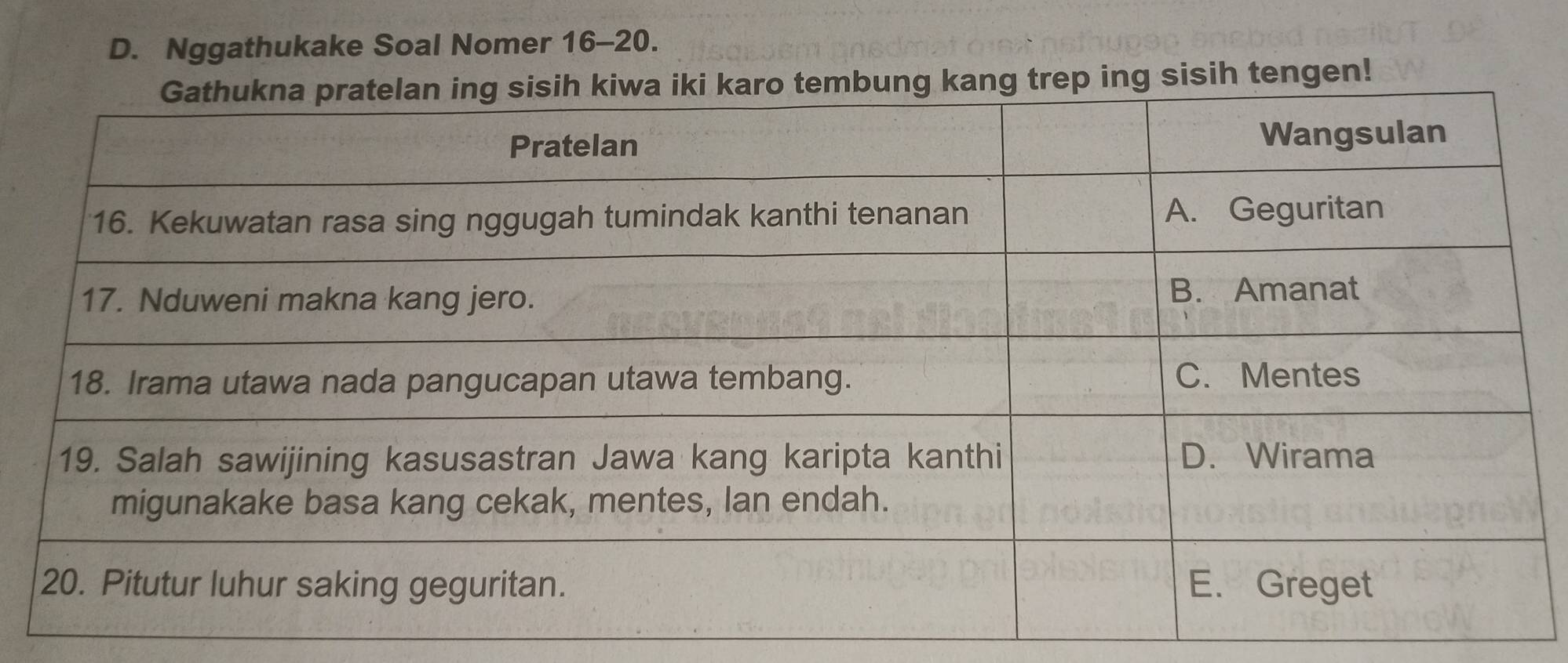 Nggathukake Soal Nomer 16 - 20. 
g trep ing sisih tengen!