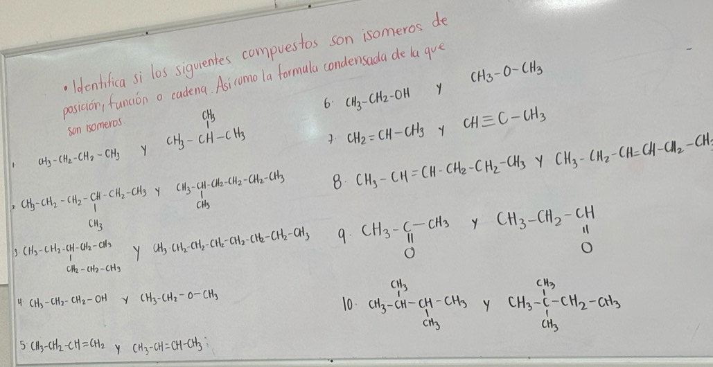 Identifica si los siquientes compuestos son isomeros de
posicion, funcion o cadena. Asiromo la formula condensada de la gue
6. CH_3-CH_2-OH y CH_3-O-CH_3
son isomeros
CH_3-CH_2-CH_2-CH_3 Y CH_3-CH-CH_3
. CH_2=CH-CH_3 CHequiv C-CH_3
CH_3-CH_2-CH_2-CH-CH_2-CH_3 Y CH_3-CH-CH_2-CH_2-CH_2-CH_2-CH_3 8. CH_3-CH=CH-CH_2-CH_2-CH_3 y CH_3-CH_2-CH=CH-CH_2-CH_3
CH_3
3 CH_3-CH_2-CH-CH_2-CH_3 Y CH_3· CH_2-CH_2-CH_2-CH_2-CH_2-CH_2-CH_3 9. CH_3-CH_3 y CH_3-CH_2-CH
(frac GEFE 11
CH_2-CH_2-CH_3
_
4 CH_3-CH_2-CH_2-OH Y CH_3-CH_2-O-CH_3
10. CH_3-CH-CH-CH_3 Y CH_3-xi -CH_2-CH_3-CH_2-CH_3
5· CH_3-CH_2-CH=CH_2 y CH_3-CH=CH-CH_3