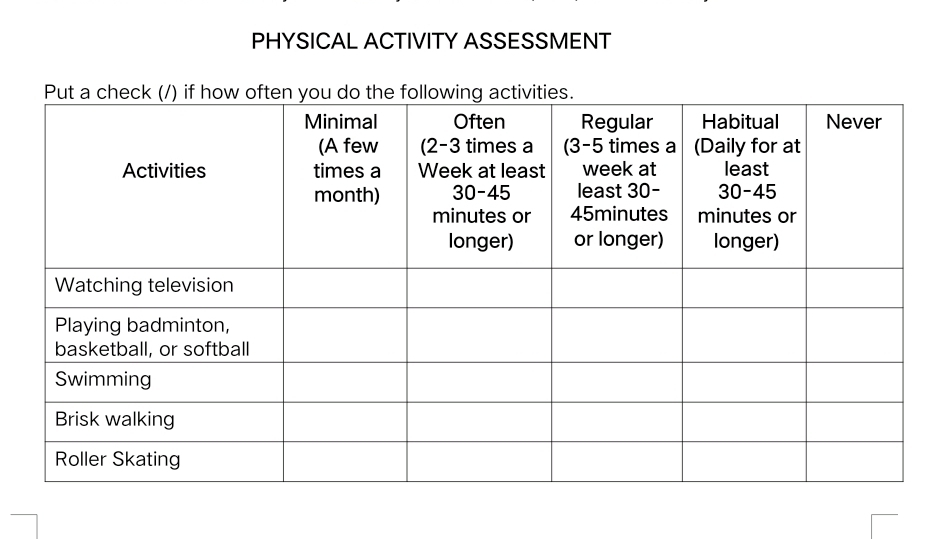 PHYSICAL ACTIVITY ASSESSMENT