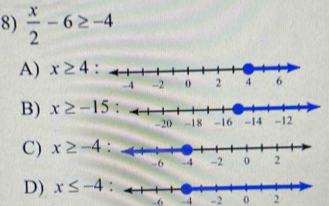  x/2 -6≥ -4
A) x≥ 4 :
B) x≥ -15
C) x≥ -4 :
D) x≤ -4
6 4 -2 0 2