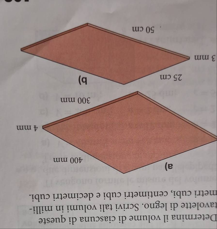 Determina il volume di ciascuna di queste 
tavolette di legno. Scrivi tali volumi in milli- 
metri cubi, centimetri cubi e decimetri cubi.