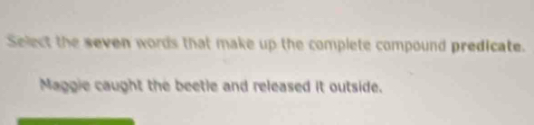 Select the seven words that make up the complete compound predicate.
Maggie caught the beetle and released it outside.