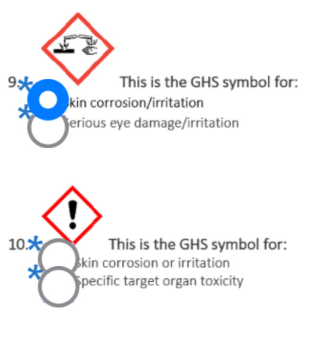 9.7 This is the GHS symbol for:
kin corrosion/irritation
erious eye damage/irritation
10. This is the GHS symbol for:
skin corrosion or irritation
Specific target organ toxicity