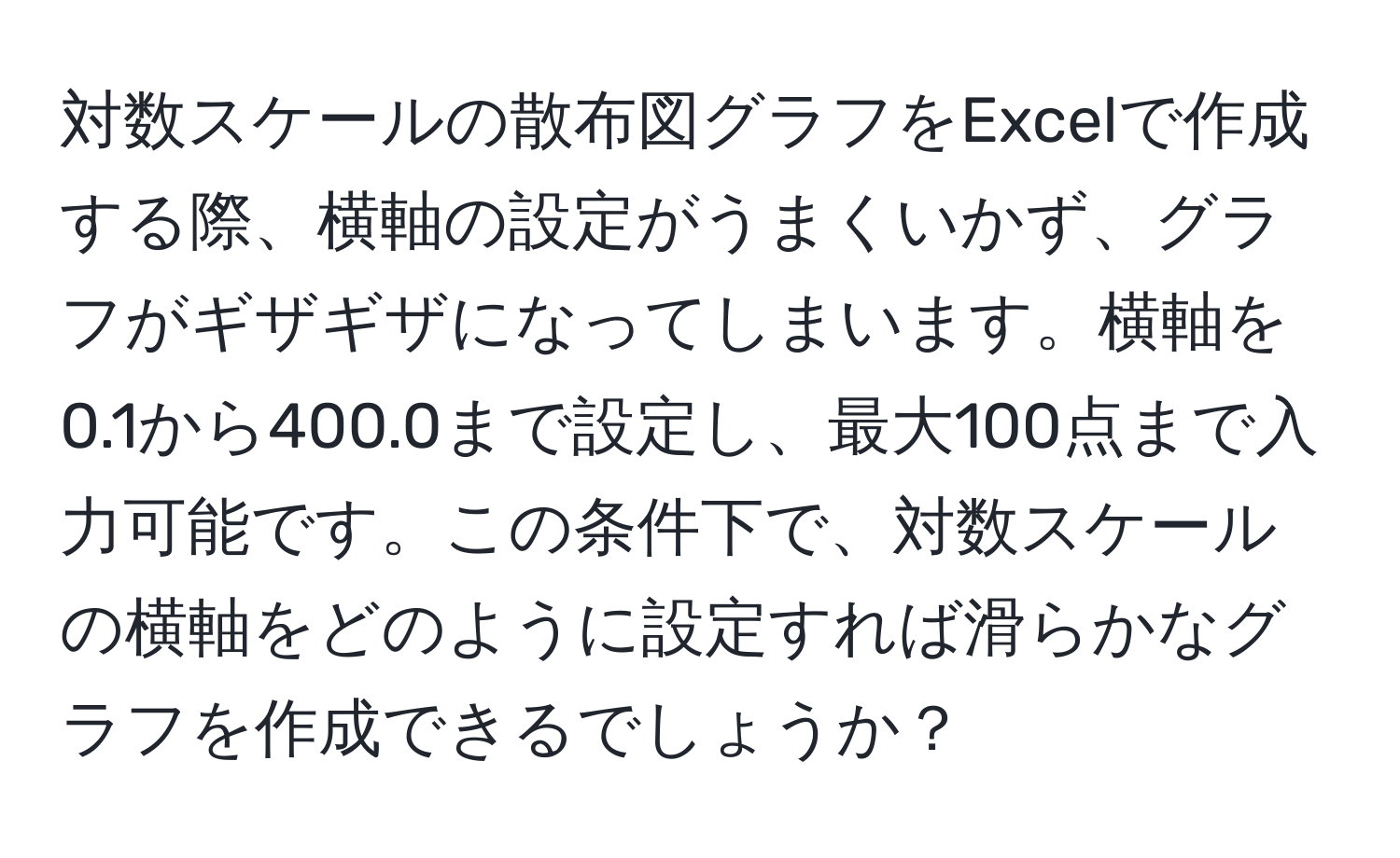 対数スケールの散布図グラフをExcelで作成する際、横軸の設定がうまくいかず、グラフがギザギザになってしまいます。横軸を0.1から400.0まで設定し、最大100点まで入力可能です。この条件下で、対数スケールの横軸をどのように設定すれば滑らかなグラフを作成できるでしょうか？