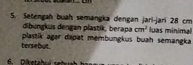 Setengah buah semangka dengan jari-jari 28 cm
dibungkus dengan plastik, berapa cm^2 luas minimal 
plastik agar dapat membungkus buah semangka 
tersebut. 
6 Diketahui sehu