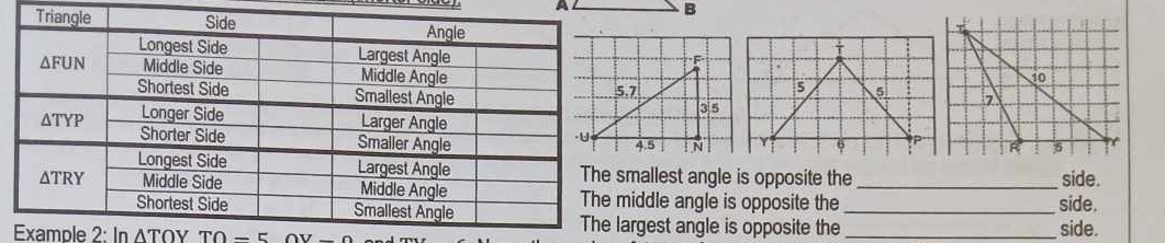 A B
allest angle is opposite the side.
ddle angle is opposite the __side.
gest angle is opposite the
Example 2:ln ATOY TO-5 OU-O _side.