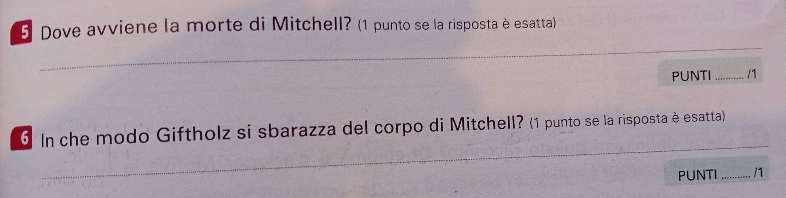 Dove avviene la morte di Mitchell? (1 punto se la risposta è esatta) 
_ 
PUNTI _/1 
_ 
6 In che modo Giftholz si sbarazza del corpo di Mitchell? (1 punto se la risposta è esatta) 
PUNTI _/1