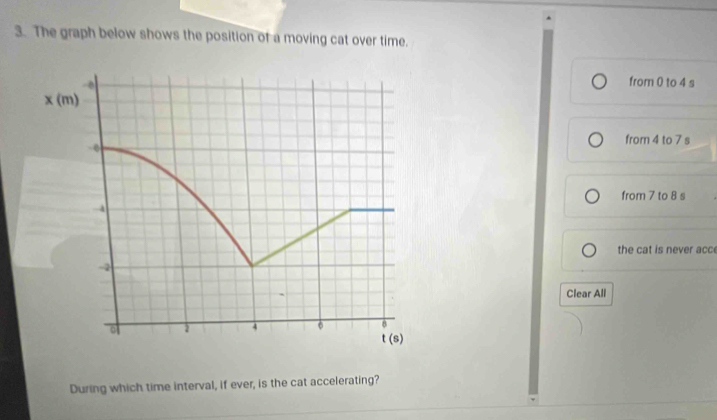 The graph below shows the position of a moving cat over time.
from 0 to 4 s
from 4 to 7 s
from 7 to 8 s
the cat is never acc
Clear All
During which time interval, if ever, is the cat accelerating?