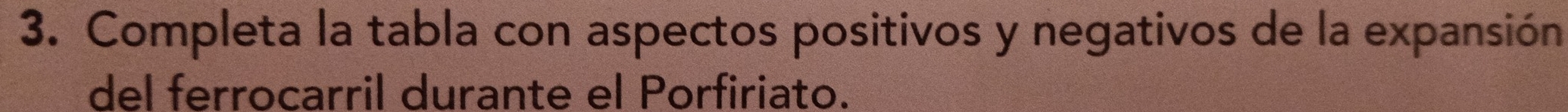 Completa la tabla con aspectos positivos y negativos de la expansión 
del ferrocarril durante el Porfiriato.