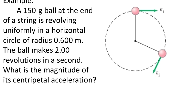 Example:
A 150-g ball at the end
of a string is revolving
uniformly in a horizontal
circle of radius 0.600 m.
The ball makes 2.00
revolutions in a second.
What is the magnitude of
its centripetal acceleration?