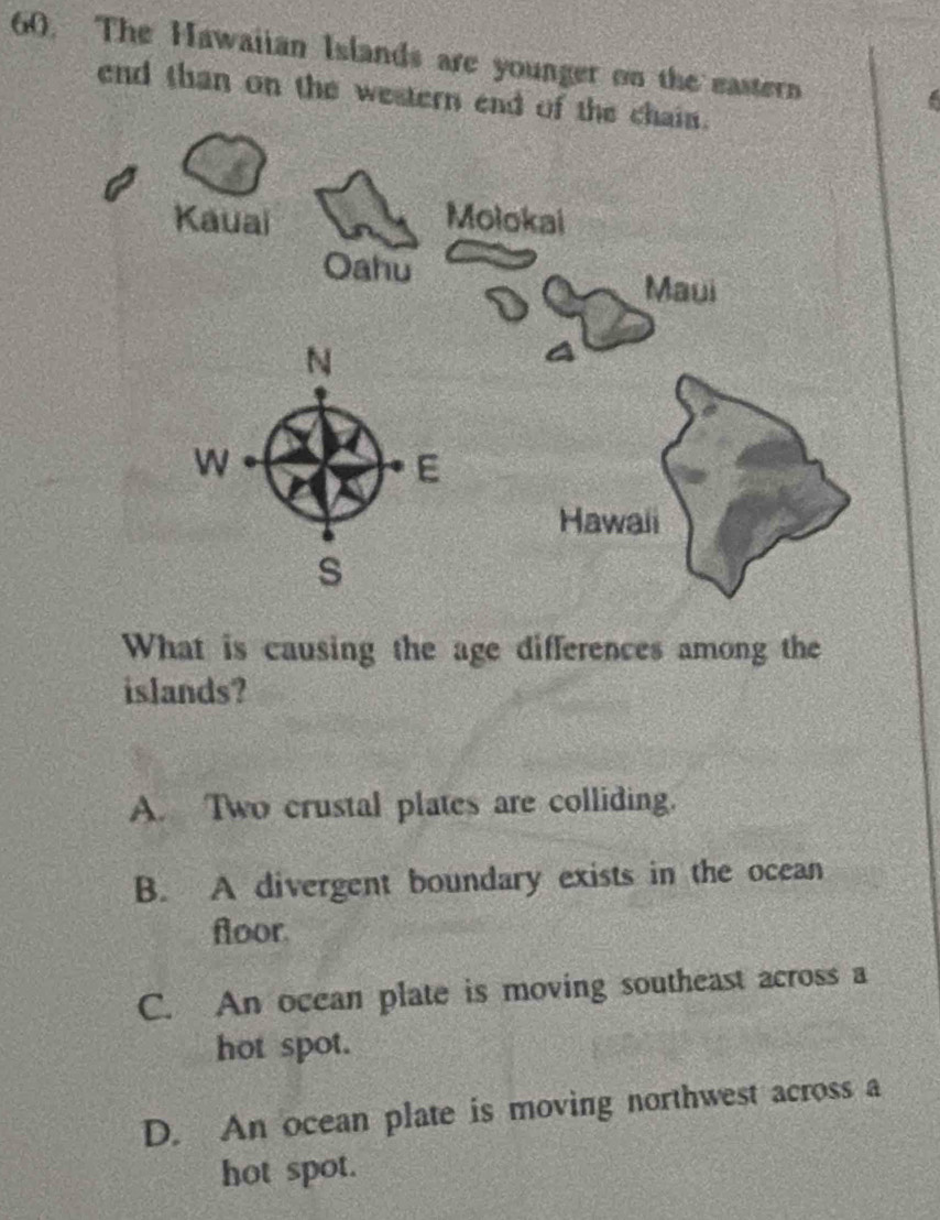 The Hawaiian Islands are younger on the eastern
end than on the western end of the
What is causing the age differences among the
islands?
A. Two crustal plates are colliding.
B. A divergent boundary exists in the ocean
floor.
C. An occan plate is moving southeast across a
hot spot.
D. An ocean plate is moving northwest across a
hot spot.