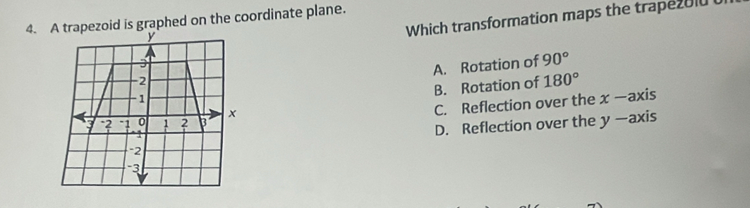 apezoid is graphed on the coordinate plane.
Which transformation maps the trapezol0
A. Rotation of
90°
B. Rotation of 180°
C. Reflection over the x —axis
D. Reflection over the y —axis