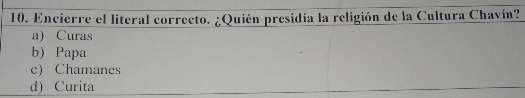 Encierre el literal correcto. ¿Quién presidía la religión de la Cultura Chavín?
a) Curas
b Papa
c) Chamanes
d) Curita