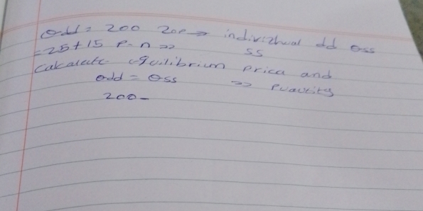 OJLI=200 2o-2 indivithual dd oss
=25+15 _ 1/2 p-n= 3 ss 
calalete cquilibrim prica and 
odd=θ SS -2 Puautity
200-