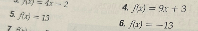 f(x)=4x-2
4. f(x)=9x+3
5. f(x)=13
7 f(x)
6. f(x)=-13