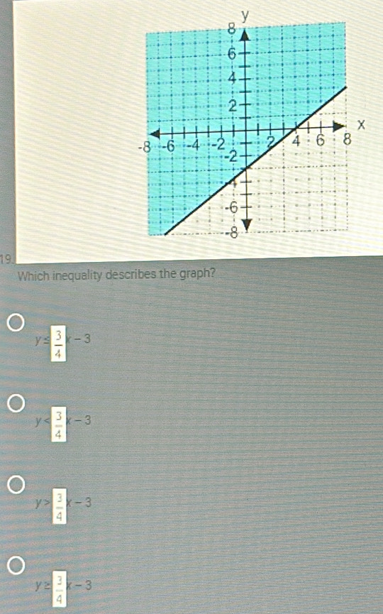 Which inequality describes the graph?
y≤  3/4 x-3
y
y> 3/4 x-3
y≥  3/4 x-3