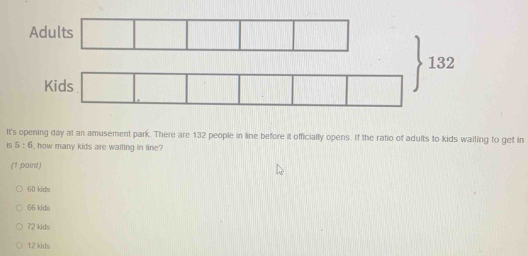 Adults □
It's opening day at an amusement park. There are 132 people in line before it officially opens. If the ratio of adults to kids waiting to get in
is 5:6 , how many kids are waiting in line?
(1 point)
60 kids
66 kids
72 kids
12 kids