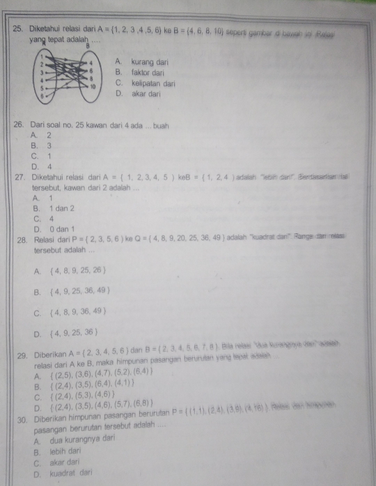 Diketahui relasi dari A= 1,2,3,4,5,6 ke B= 4,6,8,10 seperti gambar di bawah ini . Relasi
yang tepat adalah
A. kurang dari
B. faktor dari
C. kelipatan dari
D. akar dari
26. Dari soal no. 25 kawan dari 4 ada .. buah
A. 2
B. 3
C. 1
D. 4
27. Diketahui relasi dari A= 1,2,3,4,5) keB =(1,2,4) adalah ''lebih dar!''. Bentasantian Ha
tersebut, kawan dari 2 adalah ...
A. 1
B. 1 dan 2
C. 4
D. 0 dan 1
28. Relasi dari P= 2,3,5,6) ke Q= 4,8,9,20,25,36,49 adalah ''kuadrat dari!'. Range dam relass
tersebut adalah ...
A.  4,8,9,25,26
B.  4,9,25,36,49
C.  4,8,9,36,49
D.  4,9,25,36
29. Diberikan A= 2,3,4,5,6 dan B= 2,3,4,5,6,7,8. Blla relasí ''dua kurangnya den'' adaiah
relasi dari A ke B, maka himpunan pasangan berurulan yang leeat adaal
A.  (2,5),(3,6),(4,7),(5,2),(6,4)
B.  (2,4),(3,5),(6,4),(4,1)
C.  (2,4),(5,3),(4,6)
D.
30. Diberikan himpunan pasangan berurutan  (2,4),(3,5),(4,6),(5,7),(6,8) P= (1,1),(2,4),(3,9),(4,16) Palasi dan hmpunen
pasangan berurutan tersebut adalah ....
A. dua kurangnya dari
B. lebih dari
C. akar dari
D. kuadrat dari