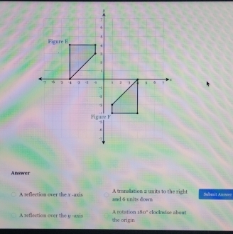 Answer
A reflection over the x -axis and 6 units down A transllation 2 units to the right Submit Anowe
A reflection over the y -axis the origin A rotation 180° clockwise about