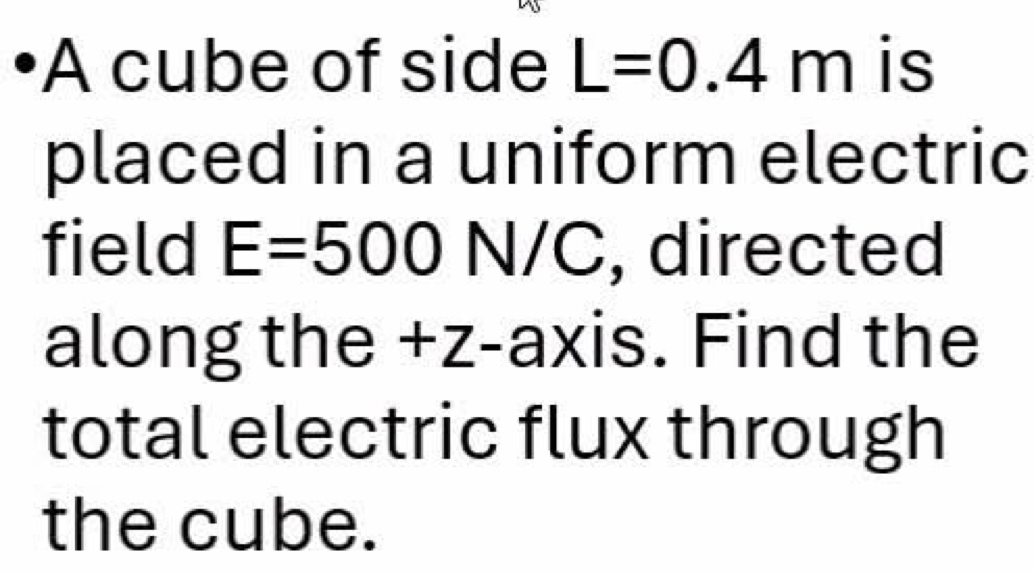 •A cube of side L=0.4m is 
placed in a uniform electric 
field E=500N/C , directed 
along the +z -axis. Find the 
total electric flux through 
the cube.