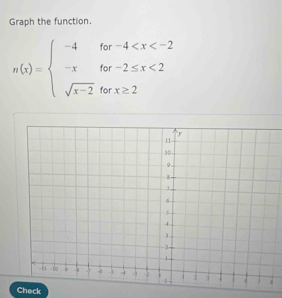 Graph the function.
n(x)=beginarrayl -4for-4 <2 sqrt(x-2)forx≥ 2endarray.
Check