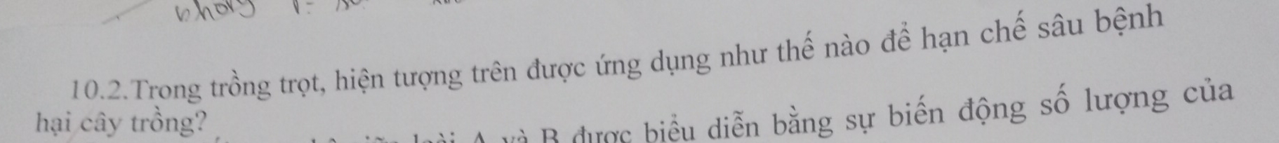 10.2.Trong trồng trọt, hiện tượng trên được ứng dụng như thế nào để hạn chế sâu bệnh 
hại cây trồng? 
A ưà B được biểu diễn bằng sự biến động số lượng của