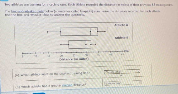 Two athletes are training for a cycling race. Each athlete recorded the distance (in miles) of their previous 85 training rides. 
The box-and-whisker plots below (sometimes called boxplots) summarize the distances recorded for each athlete. 
Use the box-and-whisker plots to answer the questions. 
(a) Which athlete went on the shortest training ride? 'Chouse one' 
(b) Which athlete had a greater median distance? 'Choose one'