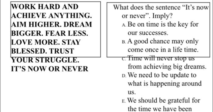 WORK HARD AND What does the sentence “It’s now
ACHIEVE ANYTHING. or never”. Imply?
AIM HIGHER. DREAM A. Be on time is the key for
BIGGER. FEAR LESS. our successes.
LOVE MORE. STAY B. A good chance may only
BLESSED. TRUST come once in a life time.
YOUR STRUGGLE.
c. Time will never stop us
IT’S NOW OR NEVER from achieving big dreams.
D. We need to be update to
what is happening around
us.
E. We should be grateful for
the time we have been