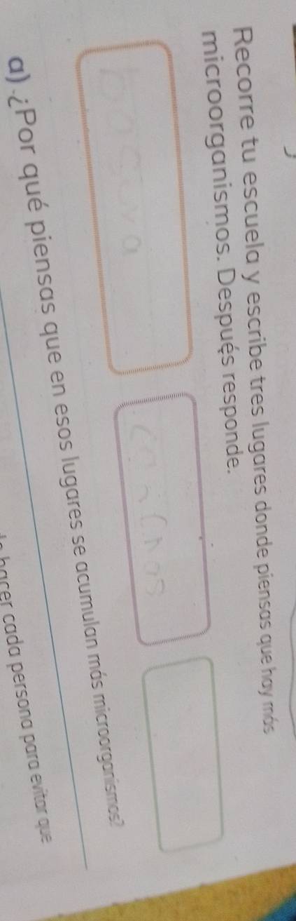 Recorre tu escuela y escribe tres lugares donde piensas que hay más 
microorganismos. Después responde. 
a) ¿Por qué piensas que en esos lugares se acumulan más microorganismos? 
haçer cada persona para evitar que