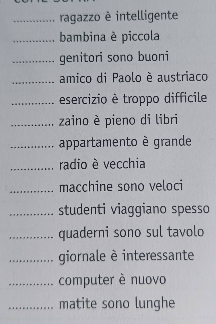 ragazzo è intelligente 
_bambina è piccola 
_genitori sono buoni 
_amico di Paolo è austriaco 
_esercizio è troppo difficile 
_zaino è pieno di libri 
_appartamento è grande 
_radio è vecchia 
_macchine sono veloci 
_studenti viaggiano spesso 
_quaderni sono sul tavolo 
_giornale è interessante 
_computer è nuovo 
_matite sono lunghe