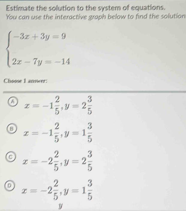 Estimate the solution to the system of equations.
You can use the interactive graph below to find the solution
beginarrayl -3x+3y=9 2x-7y=-14endarray.
Choose 1 answer:
a x=-1 2/5 , y=2 3/5 
B x=-1 2/5 , y=1 3/5 
a x=-2 2/5 , y=2 3/5 
x=-2 2/5 , y=1 3/5 
Y