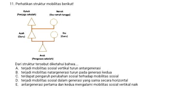 Perhatikan struktur mobilitas berikut!
Dari struktur tersebut diketahui bahwa....
A. terjadi mobilitas sosial vertikal turun antargenerasi
B. terjadi mobilitas natargenerasi turun pada generasi kedua
C. terdapat pengaruh perubahan sosial terhadap mobilitas sosial
D. terjadi mobilitas sosial dalam generasi yang sama secara horizontal
E. antargenerasi pertama dan kedua mengalami mobilitas sosial vertikal naik