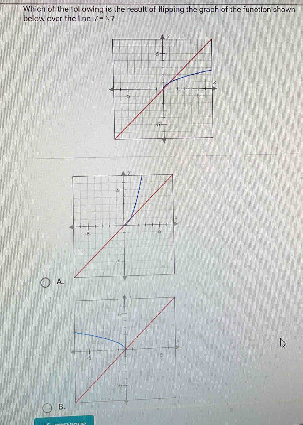 Which of the following is the result of flipping the graph of the function shown 
below over the line y=x ? 
A 
B.