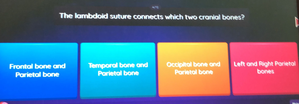 The lambdoid suture connects which two cranial bones?
Frontal bone and Temporal bone and Occipital bone and Left and Right Parietal
Parietal bone Parietal bone Parietal bone bones