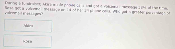 During a fundraiser, Akira made phone calls and got a voicemail message 58% of the time.
Rose got a voicemail message on 14 of her 54 phone calls. Who got a greater percentage of
voicemail messages?
Akira
Rose